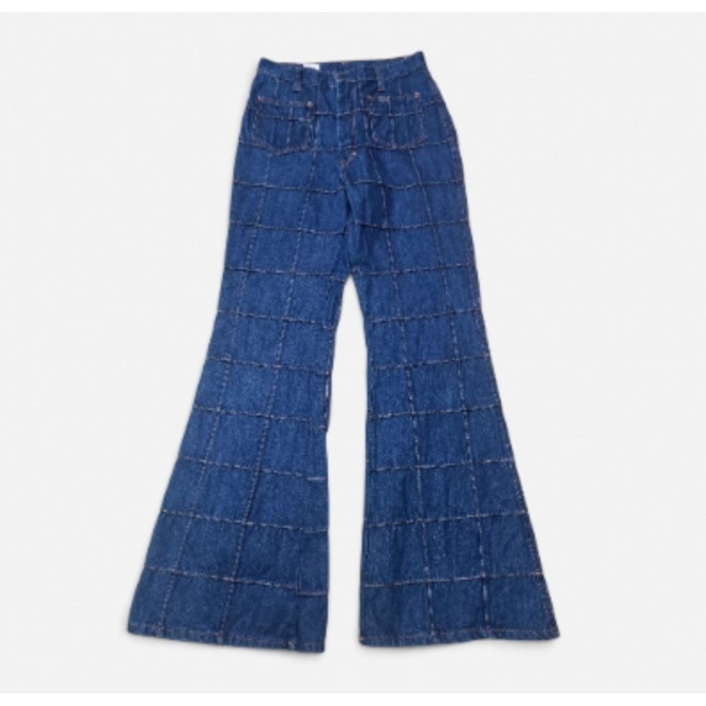 Vintage 1970s Spiegel Grid Pattern Patchwork Flare Jeans Deadstock Boho Hippie